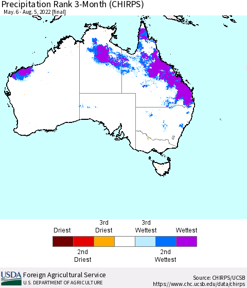 Australia Precipitation Rank since 1981, 3-Month (CHIRPS) Thematic Map For 5/6/2022 - 8/5/2022
