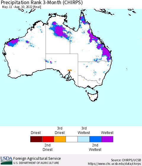 Australia Precipitation Rank since 1981, 3-Month (CHIRPS) Thematic Map For 5/11/2022 - 8/10/2022