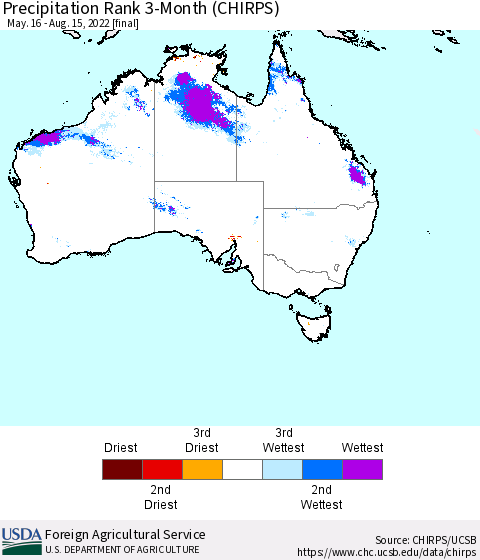 Australia Precipitation Rank since 1981, 3-Month (CHIRPS) Thematic Map For 5/16/2022 - 8/15/2022