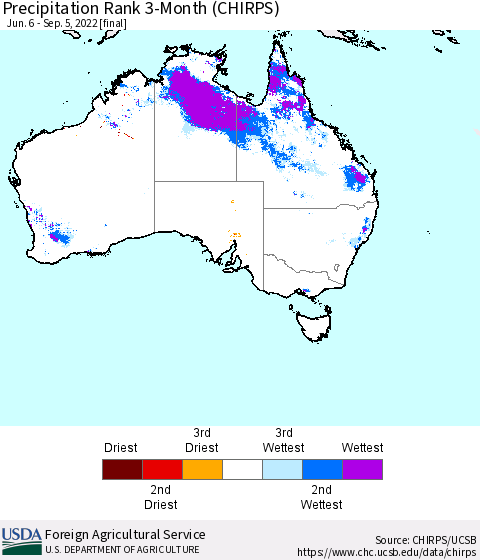 Australia Precipitation Rank since 1981, 3-Month (CHIRPS) Thematic Map For 6/6/2022 - 9/5/2022