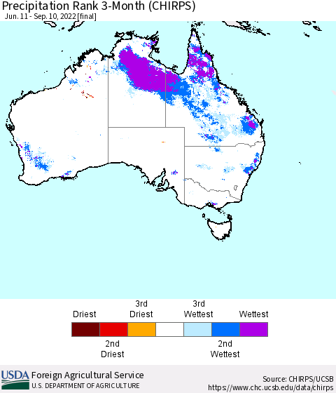 Australia Precipitation Rank since 1981, 3-Month (CHIRPS) Thematic Map For 6/11/2022 - 9/10/2022