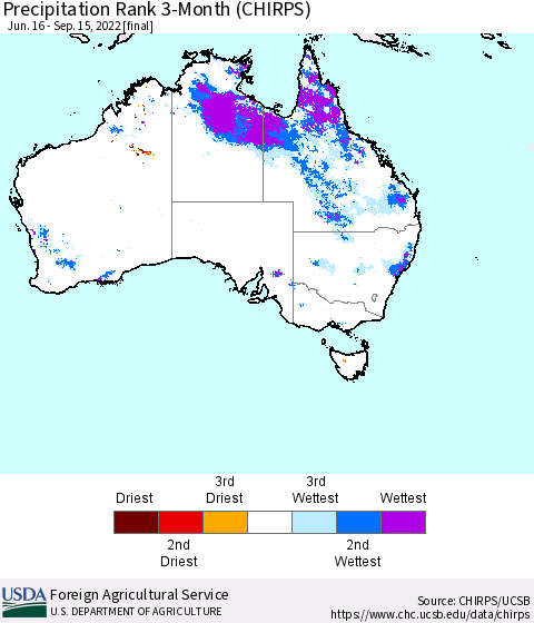 Australia Precipitation Rank since 1981, 3-Month (CHIRPS) Thematic Map For 6/16/2022 - 9/15/2022