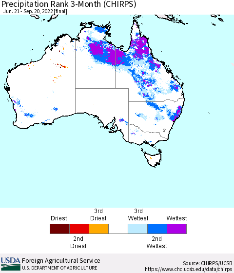Australia Precipitation Rank since 1981, 3-Month (CHIRPS) Thematic Map For 6/21/2022 - 9/20/2022