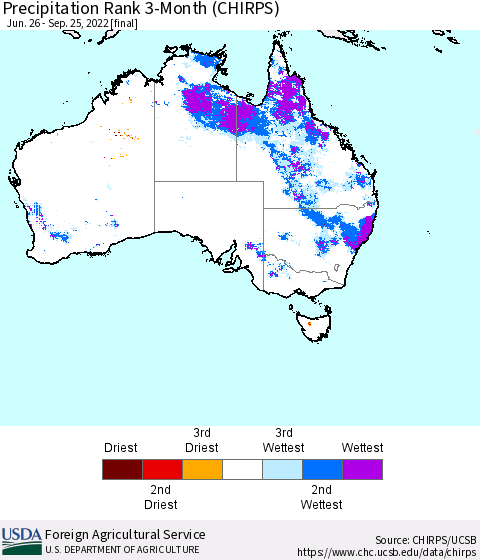 Australia Precipitation Rank since 1981, 3-Month (CHIRPS) Thematic Map For 6/26/2022 - 9/25/2022