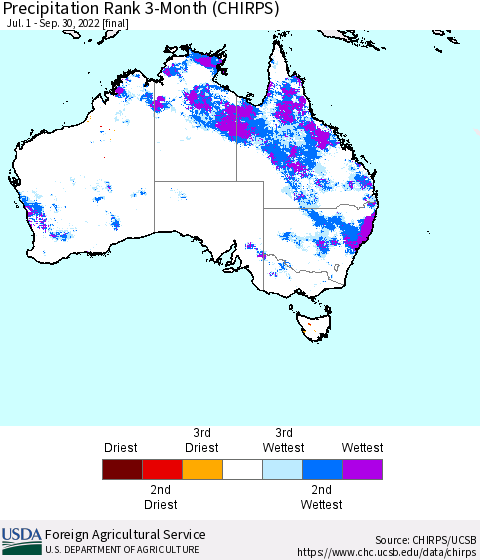 Australia Precipitation Rank since 1981, 3-Month (CHIRPS) Thematic Map For 7/1/2022 - 9/30/2022