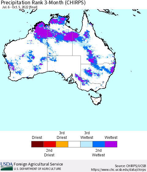 Australia Precipitation Rank since 1981, 3-Month (CHIRPS) Thematic Map For 7/6/2022 - 10/5/2022