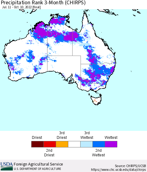 Australia Precipitation Rank since 1981, 3-Month (CHIRPS) Thematic Map For 7/11/2022 - 10/10/2022