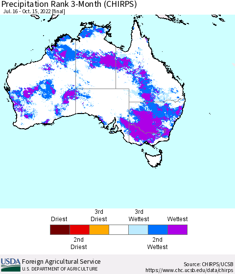 Australia Precipitation Rank since 1981, 3-Month (CHIRPS) Thematic Map For 7/16/2022 - 10/15/2022