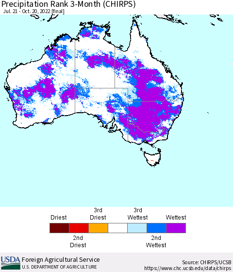 Australia Precipitation Rank since 1981, 3-Month (CHIRPS) Thematic Map For 7/21/2022 - 10/20/2022