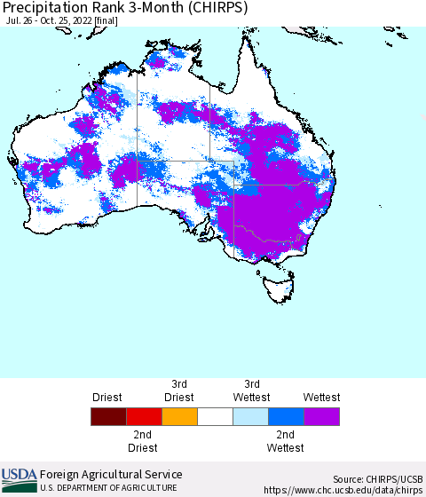Australia Precipitation Rank since 1981, 3-Month (CHIRPS) Thematic Map For 7/26/2022 - 10/25/2022