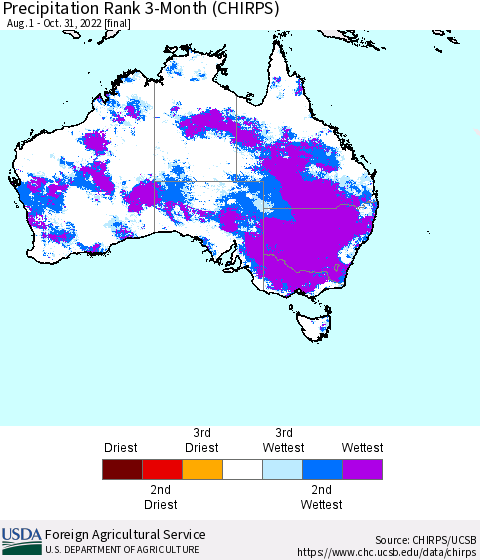 Australia Precipitation Rank since 1981, 3-Month (CHIRPS) Thematic Map For 8/1/2022 - 10/31/2022