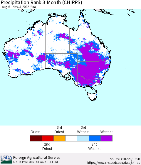 Australia Precipitation Rank since 1981, 3-Month (CHIRPS) Thematic Map For 8/6/2022 - 11/5/2022