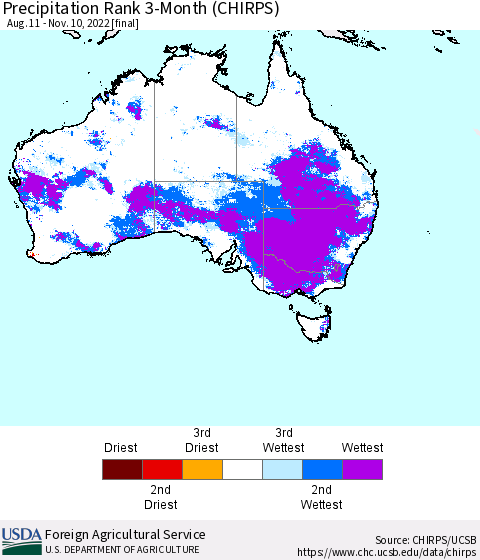 Australia Precipitation Rank since 1981, 3-Month (CHIRPS) Thematic Map For 8/11/2022 - 11/10/2022