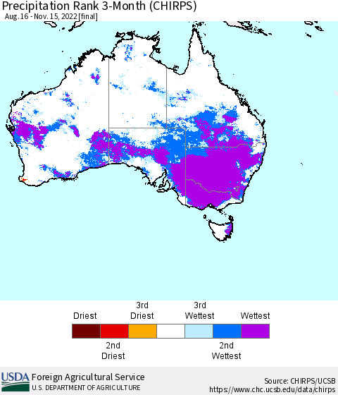 Australia Precipitation Rank since 1981, 3-Month (CHIRPS) Thematic Map For 8/16/2022 - 11/15/2022