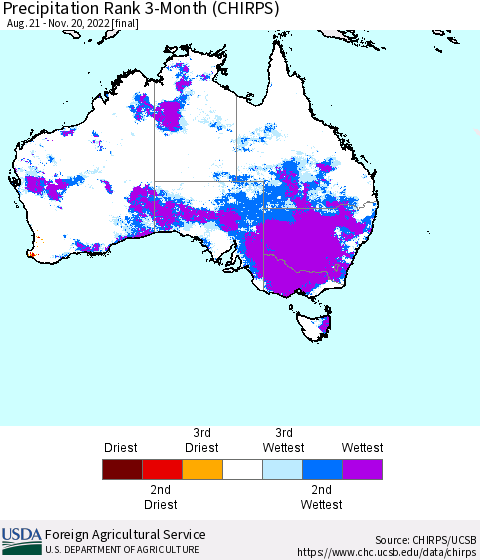 Australia Precipitation Rank since 1981, 3-Month (CHIRPS) Thematic Map For 8/21/2022 - 11/20/2022