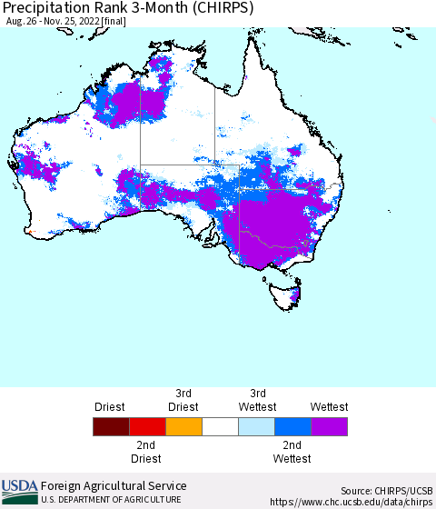 Australia Precipitation Rank since 1981, 3-Month (CHIRPS) Thematic Map For 8/26/2022 - 11/25/2022