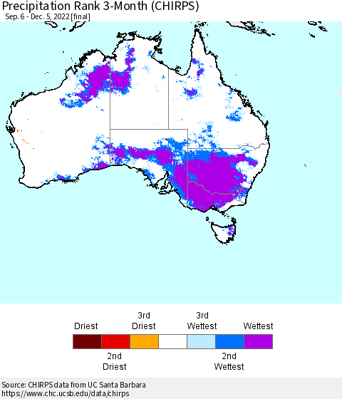 Australia Precipitation Rank since 1981, 3-Month (CHIRPS) Thematic Map For 9/6/2022 - 12/5/2022