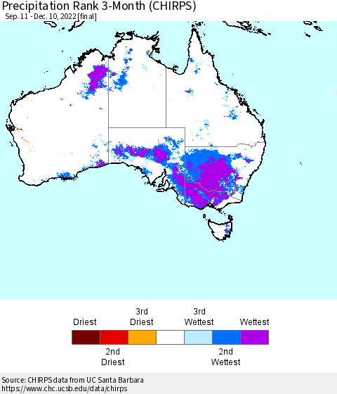 Australia Precipitation Rank since 1981, 3-Month (CHIRPS) Thematic Map For 9/11/2022 - 12/10/2022