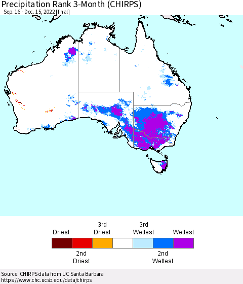 Australia Precipitation Rank since 1981, 3-Month (CHIRPS) Thematic Map For 9/16/2022 - 12/15/2022