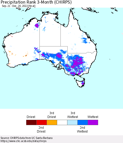 Australia Precipitation Rank since 1981, 3-Month (CHIRPS) Thematic Map For 9/21/2022 - 12/20/2022