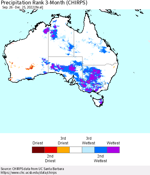 Australia Precipitation Rank since 1981, 3-Month (CHIRPS) Thematic Map For 9/26/2022 - 12/25/2022
