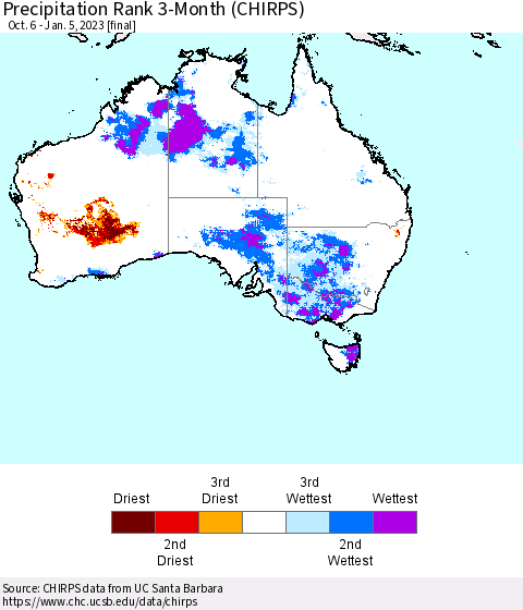 Australia Precipitation Rank since 1981, 3-Month (CHIRPS) Thematic Map For 10/6/2022 - 1/5/2023