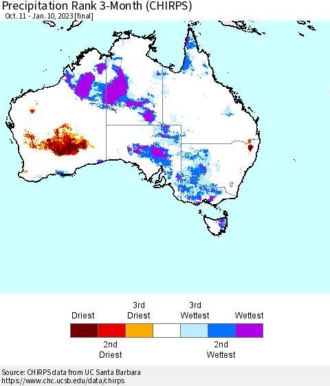 Australia Precipitation Rank since 1981, 3-Month (CHIRPS) Thematic Map For 10/11/2022 - 1/10/2023