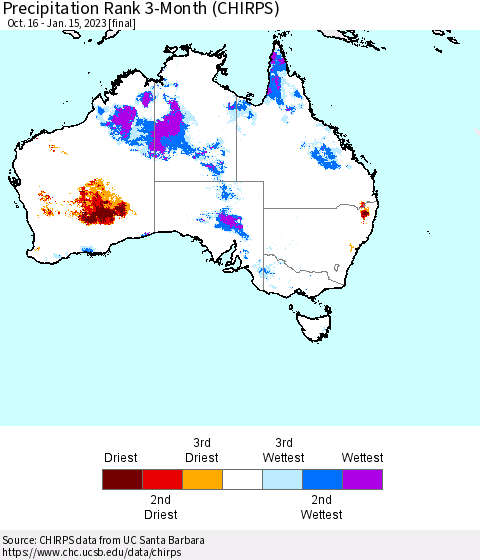 Australia Precipitation Rank since 1981, 3-Month (CHIRPS) Thematic Map For 10/16/2022 - 1/15/2023