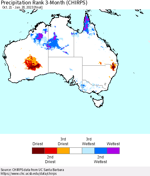 Australia Precipitation Rank since 1981, 3-Month (CHIRPS) Thematic Map For 10/21/2022 - 1/20/2023