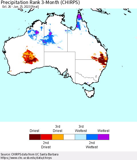 Australia Precipitation Rank since 1981, 3-Month (CHIRPS) Thematic Map For 10/26/2022 - 1/25/2023