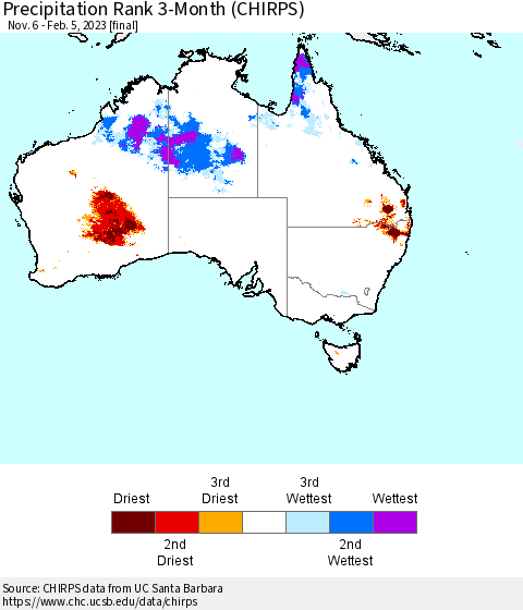 Australia Precipitation Rank since 1981, 3-Month (CHIRPS) Thematic Map For 11/6/2022 - 2/5/2023