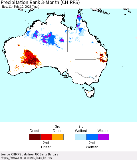 Australia Precipitation Rank since 1981, 3-Month (CHIRPS) Thematic Map For 11/11/2022 - 2/10/2023