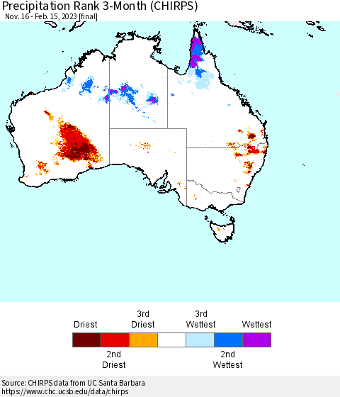 Australia Precipitation Rank since 1981, 3-Month (CHIRPS) Thematic Map For 11/16/2022 - 2/15/2023