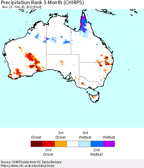 Australia Precipitation Rank since 1981, 3-Month (CHIRPS) Thematic Map For 11/21/2022 - 2/20/2023