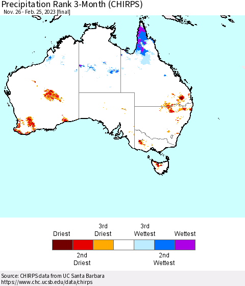 Australia Precipitation Rank since 1981, 3-Month (CHIRPS) Thematic Map For 11/26/2022 - 2/25/2023