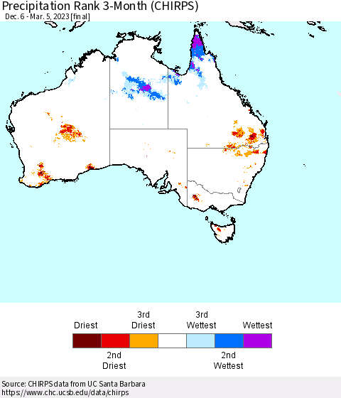 Australia Precipitation Rank since 1981, 3-Month (CHIRPS) Thematic Map For 12/6/2022 - 3/5/2023