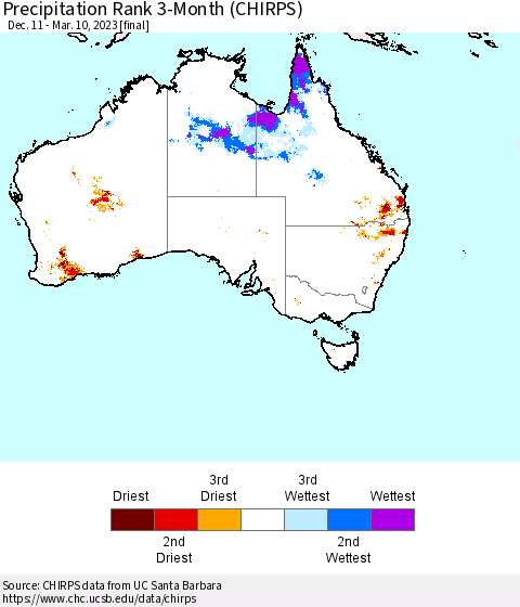 Australia Precipitation Rank since 1981, 3-Month (CHIRPS) Thematic Map For 12/11/2022 - 3/10/2023