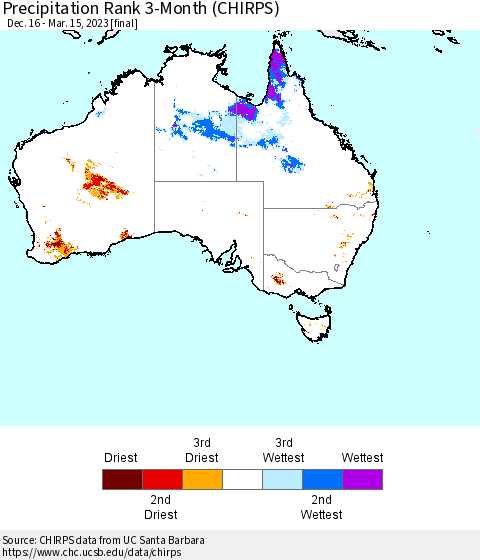 Australia Precipitation Rank since 1981, 3-Month (CHIRPS) Thematic Map For 12/16/2022 - 3/15/2023