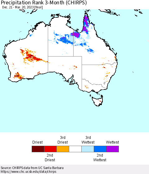 Australia Precipitation Rank since 1981, 3-Month (CHIRPS) Thematic Map For 12/21/2022 - 3/20/2023