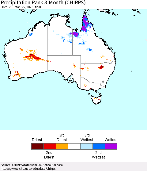 Australia Precipitation Rank since 1981, 3-Month (CHIRPS) Thematic Map For 12/26/2022 - 3/25/2023