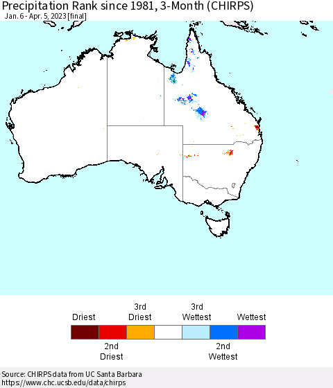 Australia Precipitation Rank since 1981, 3-Month (CHIRPS) Thematic Map For 1/6/2023 - 4/5/2023
