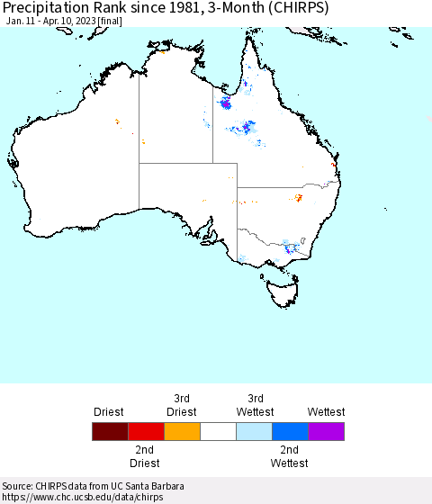 Australia Precipitation Rank since 1981, 3-Month (CHIRPS) Thematic Map For 1/11/2023 - 4/10/2023