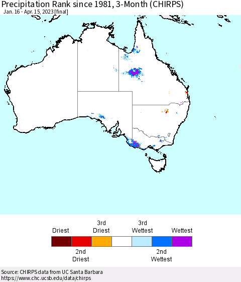 Australia Precipitation Rank since 1981, 3-Month (CHIRPS) Thematic Map For 1/16/2023 - 4/15/2023