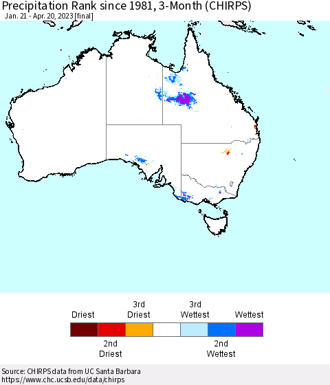 Australia Precipitation Rank since 1981, 3-Month (CHIRPS) Thematic Map For 1/21/2023 - 4/20/2023