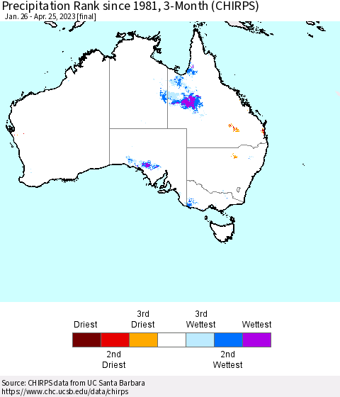 Australia Precipitation Rank since 1981, 3-Month (CHIRPS) Thematic Map For 1/26/2023 - 4/25/2023