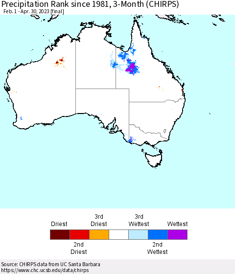 Australia Precipitation Rank since 1981, 3-Month (CHIRPS) Thematic Map For 2/1/2023 - 4/30/2023