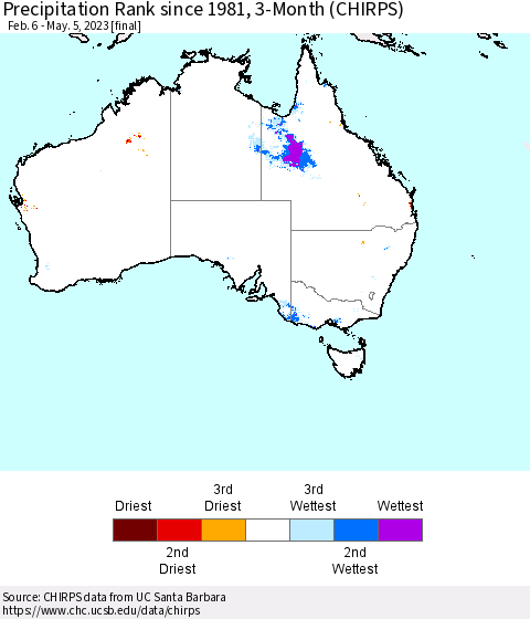 Australia Precipitation Rank since 1981, 3-Month (CHIRPS) Thematic Map For 2/6/2023 - 5/5/2023