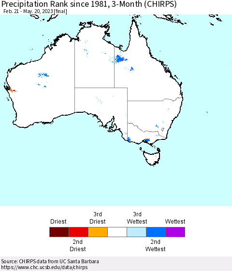 Australia Precipitation Rank since 1981, 3-Month (CHIRPS) Thematic Map For 2/21/2023 - 5/20/2023