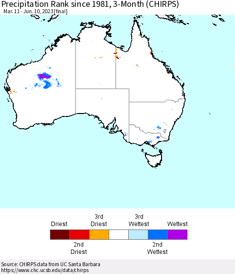Australia Precipitation Rank since 1981, 3-Month (CHIRPS) Thematic Map For 3/11/2023 - 6/10/2023