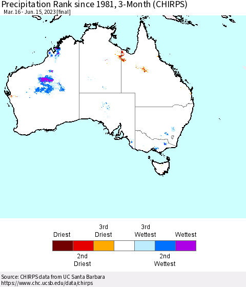 Australia Precipitation Rank since 1981, 3-Month (CHIRPS) Thematic Map For 3/16/2023 - 6/15/2023